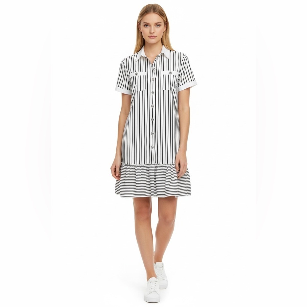 Karl Lagerfeld Paris Black & White Striped Shirt Dress Drop Waist Ruffle